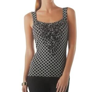 White House Black Market black and white patterned ruffled tank top.